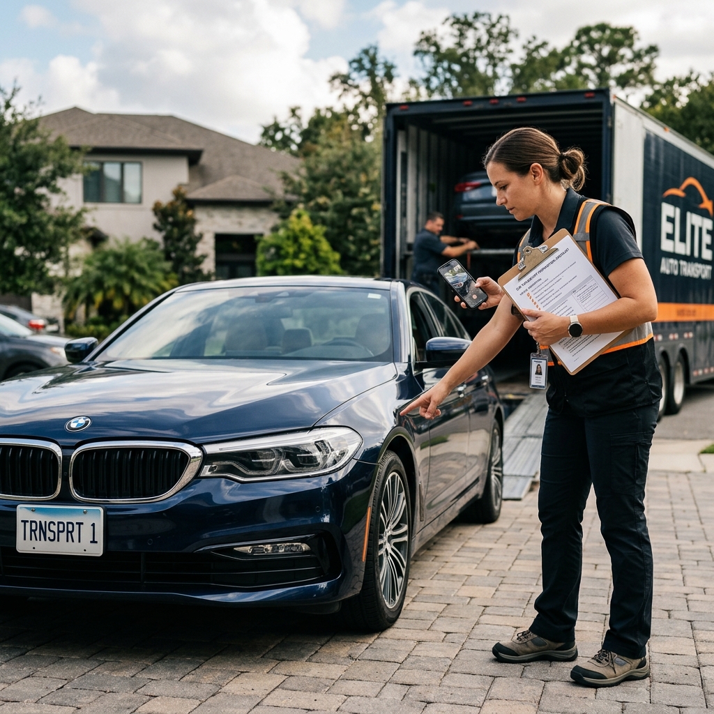 Person inspecting and photographing a sedan before auto transport pickup